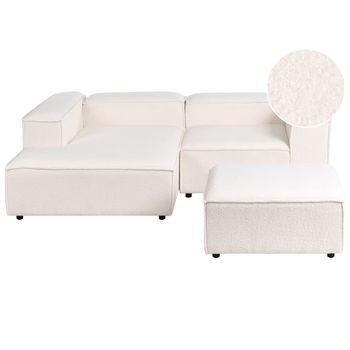 Sofá Esquinero Moderno 3 Plazas Patas Negras Con Otomana Tapicería De Bouclé Blanco Crema Derecho Ardal