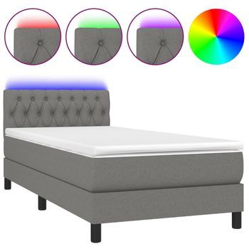 Cama Para Adulto | Cama Individual | Cama Box Spring Colchón Y Luces Led Tela Gris Oscuro 100x200 Cm