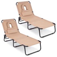 costway juego de 2 tumbonas plegables beige de tela oxford 4 posiciones reclinable totalmente plana con almohada esponja carga 150 kg para jardin playa