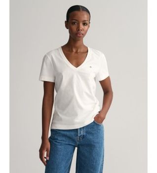Gant para mujer. 4200750 Camiseta Shield con cuello de pico blanco (3XL), Casual, Algodón, Manga corta
