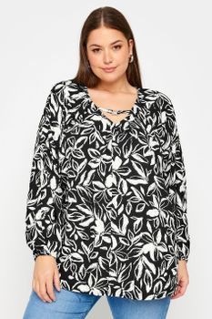 Yours Blusa Negra Estampada Con Manga Globo, Mujer Curvy Y Tallas Grandes, Yours