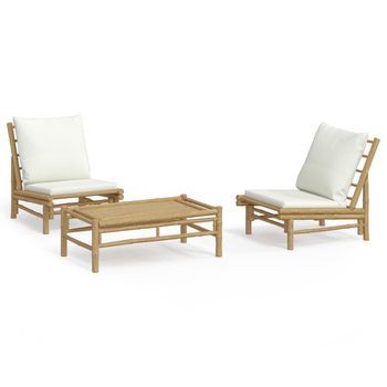 Set De Muebles De Jardín 3 Uds | Conjunto De Comedor | Conjunto De Descanso Bambú Y Cojines Blanco Crema