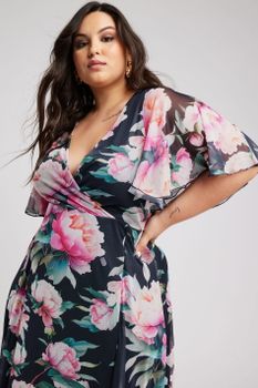 Yours London Vestido Largo Malla Azul Marino De Peonías , Mujer Curvy Y Tallas Grandes, Yours London