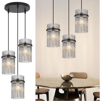 Lámpara De Suspensión De 3 Luces E27 De Cristal Negro Ø 16 Cm Para Cafetería Bar (sin Bombilla) Zmh