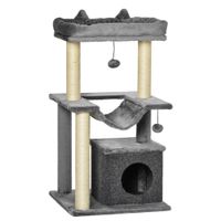 pawhut arbol para gatos altura 90 cm de 3 niveles con nido plataforma bolas colgantes y poste de sisal 48x48x90 cm gris
