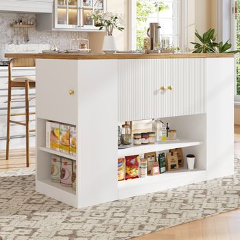 Isla De Cocina Blanca De 140 Cm Con Tablero Abatible Y Almacenamiento