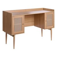 escritorio moderno para oficina en casa estudio 2 puertas mdf patas de metal frentes de ratan sintetico marron claro ratana