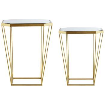 Juego De 2 Mesas Auxiliares Base De Metal Dorada Tablero Redondo De Vidrio Espejado Decorativo Glam Sierra