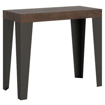 Consola Extensible Diseño Flavio En Madera Y Hierro 90x40/196 O 90x40/300 Cm-color Marrón-soporte 2 Pies-3 Alargaderas Finas