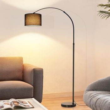 Nettlife Lámpara De Pie De Arco Negro Mate, Pantalla De Tela Orientable (350°/90°), Altura Regulable, Base De 5kg, Casquillo E27 Para Salón Y Lectura