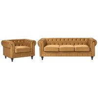 conjunto de salon chesterfield tapizado en tela de terciopelo sofa 3 plazas sillon patas de madera oscura estilo contemporaneo dorado chesterfield
