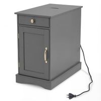 costway mesita de noche con estacion de carga mueble de madera con cajon armario y estante ajustable para dormitorio salon y sofa gris