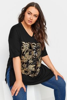 Yours Camiseta Negra Diseño De Hojas Con Lentejuelas, Mujer Curvy Y Tallas Grandes, Yours