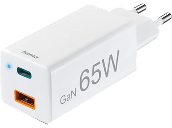 Cargador móvil - Hama GSM Mini, 65W, 220V, Carga rápida, USB-A y USB-C, 2 dispositivos a la vez, Blanco