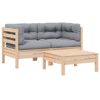 Conjunto Muebles De Jardín 3 Uds | Mesa Y Sillas Cojines Gris Madera Pino Maciza