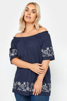 Yours Top Bardot Azul Marino Con Detalles Bordados, Mujer Curvy Y Tallas Grandes, Yours
