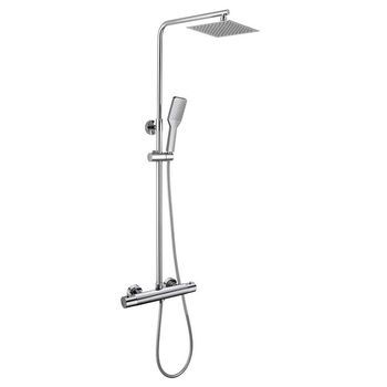Kibath Columna De Ducha Termostático Tacto Frío | Altura Regulable 75-125 Cm | Latón Macizo Cromo Brillo | Diseño Cuadrado Con Rociador Efecto Lluvia Y Alcachofa | Ideal Techos Altos