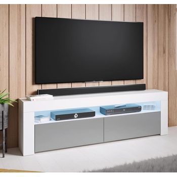 Mueble Tv Con Led | Mueble De Televisión | Mueble De Salón | 2 Puertas | 140x50x35cm | Modelo Aker | Blanco Con Gris Acabado En Brillo