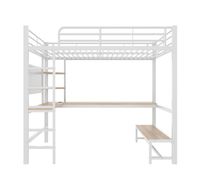 cama alta 90x200cm - estructura de metal escritorio barandilla escalera estantes con enchufe usbtype-c tira led con panel perforado sin colchon - blanco