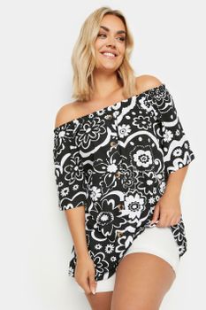 Yours Top Bardot Blanco Y Negro De Flores En Algodón, Mujer Curvy Y Tallas Grandes, Yours