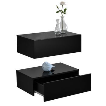 Set De 2 Mesitas De Noche De Pared Oslo Con Cajón - Negro Lacado De Alto Brillo - 46x30x15cm [en.casa]