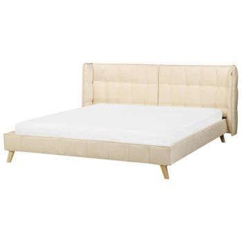 Cama Tapizada En Terciopelo Beige Con Patas De Madera Clara 180 X 200 Cm Somier Con Listones Cabecero Con Alas Ajustables Senlis