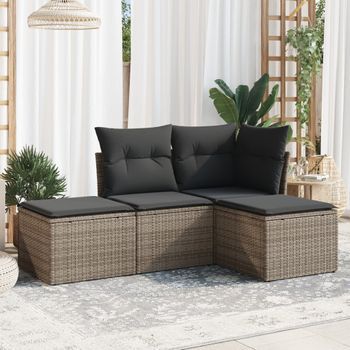 Conjunto De Sofás De Jardín 4 Uds | Mueble Jardin Mesa Y Sillas Y Cojines Ratán Sintético Gris Cfw343165