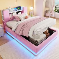 cama tapizada individual para ninos con led usb almacenamiento hidraulico terciopelo metal rosa 90x200 cm