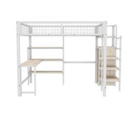 cama alta 140x200 cm - estructura de hierro - con escritorio y estantes - blanco