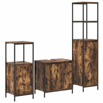 Juego De Muebles De Baño | Armario De Baño Con Puerta 3 Piezas Roble Ahumado Y Negro