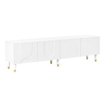 Mueble Tv Blanco De 180x40x50 Cm, Cuatro Puertas Con Relieves Arqueados