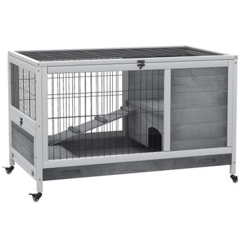 PawHut Jaula para Conejos de Madera 90x53x59 cm Conejera para Mascotas Pequeñas Portátil Interior con Techo Abrible Rampa Bandeja Extraíble para Conejillos de Indias Gris Claro y Blanco   Aosom España