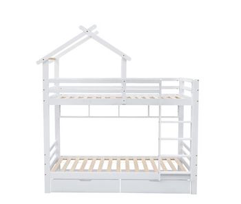 Litera cabina 90x200 cm de pino macizo con cajones y estantes + somieres - blanco