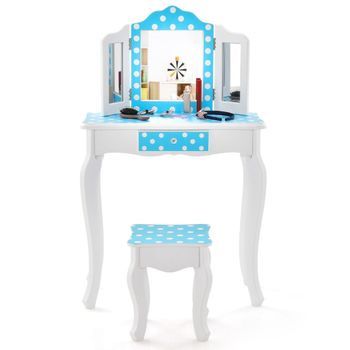 Tocador Infantil 2 En 1 Con Taburete, Espejo Plegable Triple Y Cajón Dot Blue Negro 5 Cm