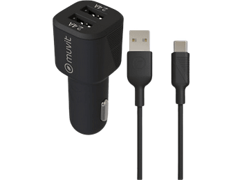 Cargador USB para coche - Muvit For Change MCPAK0052, 2x USB-A, Universal, 1.2m, Negro + Cable USB-C a USB-A