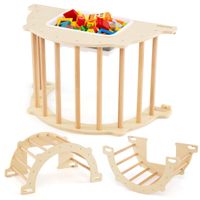 costway marco de escalada multifuncional para ninos con cubeta plegable para almacenamiento kit antivuelco para 3 anos 80 x 47 x 41 cm natural
