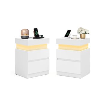 Kailyn Colección - Mesita de noche con enchufes cajones y luz LED, Blanco Nieve / Juego de 2