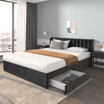 Cama Con Canapé 180x200 Cm Con Cabecero Y 2 Cajones - Terciopelo - Negro (sin Colchón)