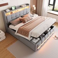cama canape de 160 x 200 cm con cabecero y espacio de almacenaje - tejido de lino - puerto usb y led - somier de laminas - gris claro sin colchon