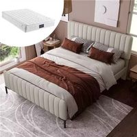 cama doble tapizada con somier de lamas y cabecero ajustable 160x200 cm gris beige lino con colchon
