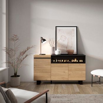 Aparador efecto madera roble y negro 150x35x87cm chimenea efecto fuego