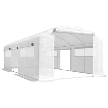 Outsunny Invernadero de Túnel 6x3x2 m con 3 Puertas Enrollables 6 Ventanas de Malla y Estructura de Acero Galvanizado Blanco