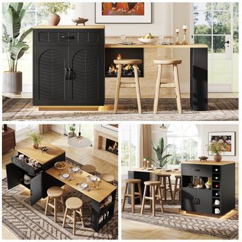 Isla De Cocina, Led, Mesa Extensible, 2 Cajones, 4 Puertas, Negra