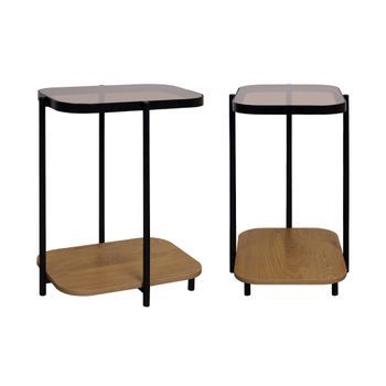 Mesas Auxiliares De Metal Con Tapa De Cristal Y Decoración De Madera,