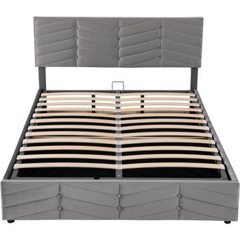 Cama Contenedor De Terciopelo Con Somier De Láminas + Cabecero Ajustable 140x200cm Gris