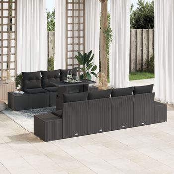 Conjunto De Sofá De Jardín De 8 Piezas Con Cojines Negro Ratán Poliéster V2437 Unico / Negro
