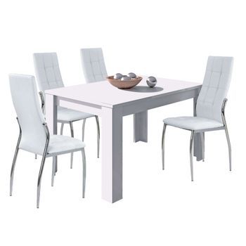 Conjunto De Mesa Extensible + 4 Sillas En Color Blanco Mate Y Plata