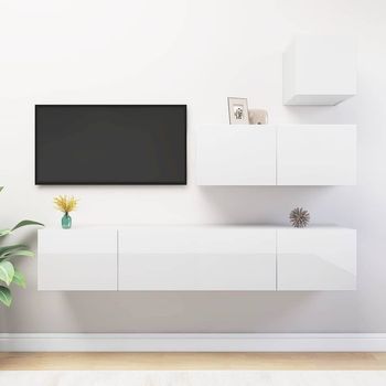 Set De Muebles De Salón 4 Pzas Madera Ingeniería Blanco Brillo Vidaxl