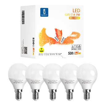 Aigostar - Bombilla LED G45, 7W, casquillo fino E14, Bajo consumo, 520 lm, Luz cálida 3000K, Ahorro de energía,  CRI> 80, ángulo de apertura 230º, no regulable  - Caja de 5 unidades
