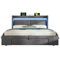 cama tapizada 160x200 cm almacenamiento hidraulico led usb lino gris colchon